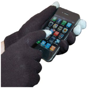 Hands in black gloves holding smart phone. 