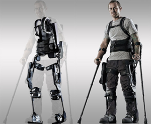 Picture of empty exoskeleton brace and man standing in exoskeleton brace.