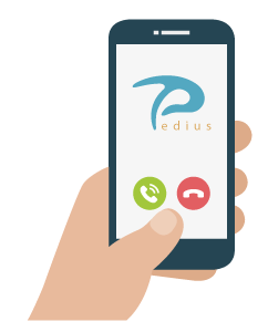 animated image of hand holding a cell phone with Pedius logo on it. 