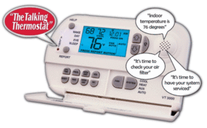 Thermostat with talking bubbles saying "The temperature is 72 degrees" and "Change your filter"