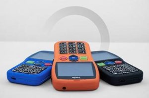 Three Lucia cell phones in blue, orange and black on white background.