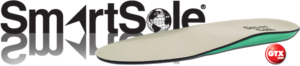 Close up of shoe insert on white background.  Black letters saying "SmartSole"