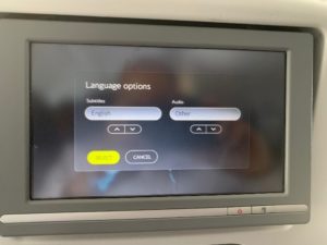 Seat back screen showing language options